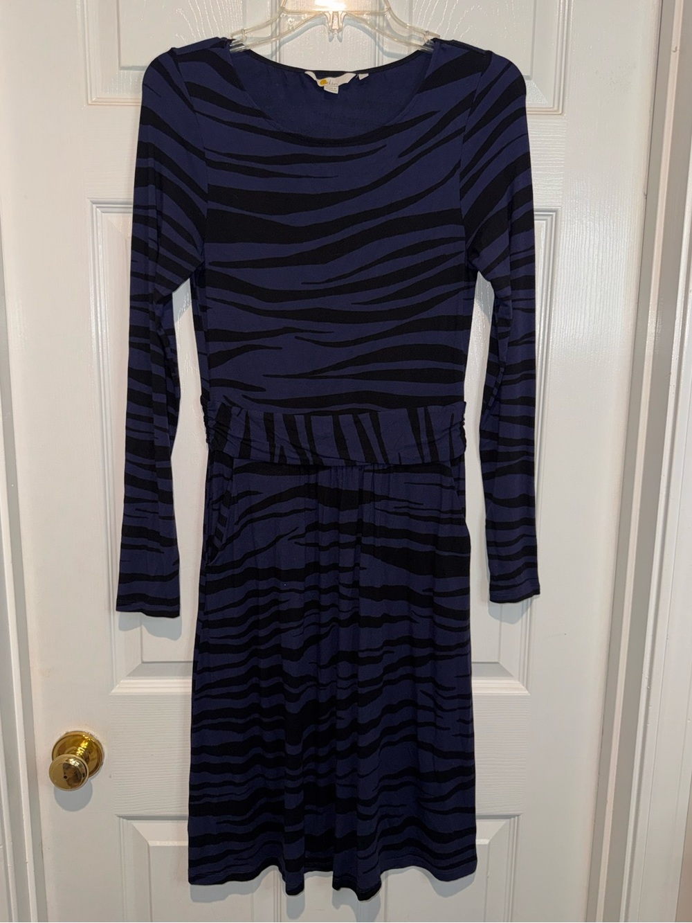 Biden Navy and Black Zebra-Stripe Long Sleeve Dress. Size 8